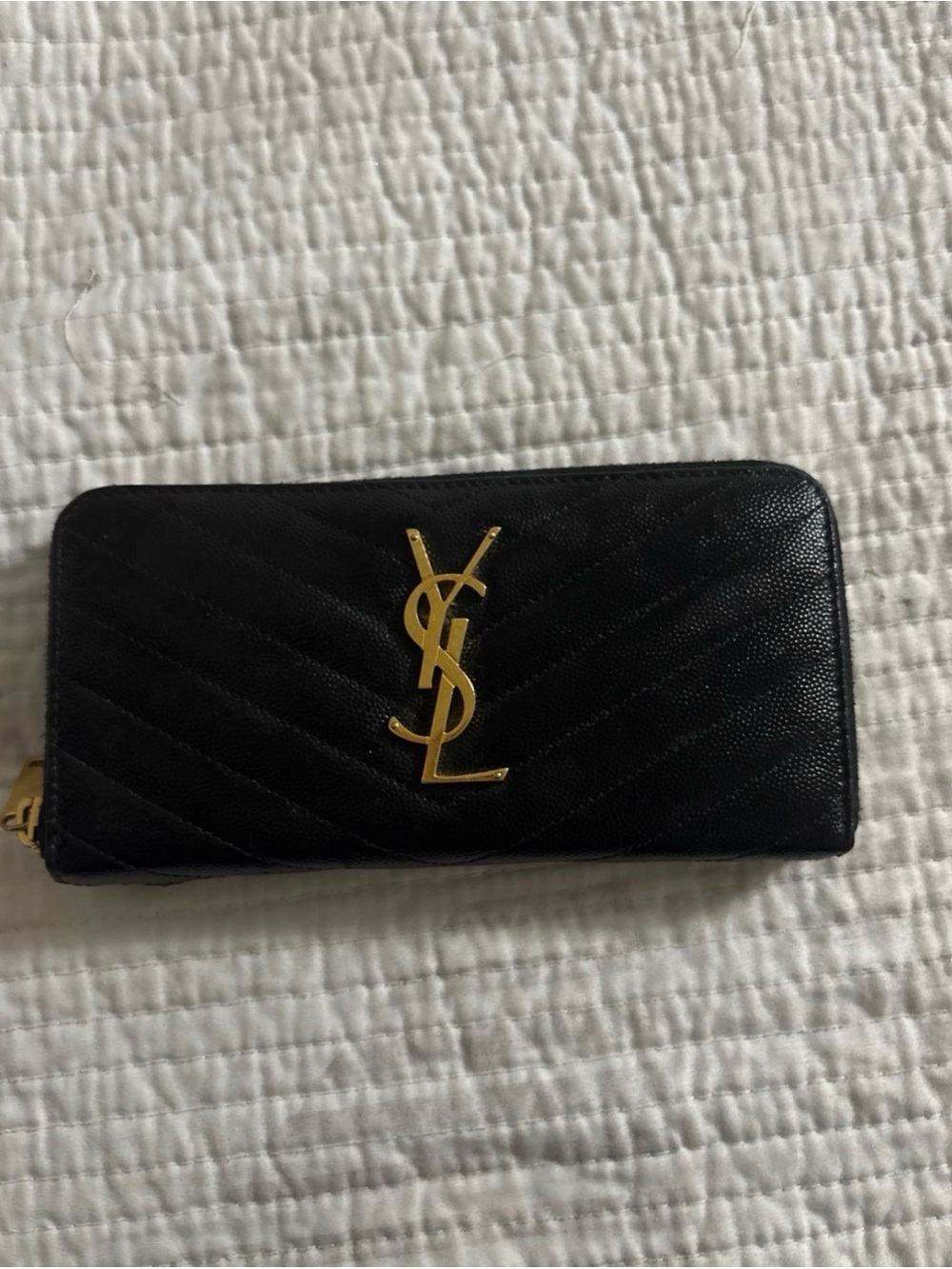 Saint Laurent Black Quilted Zip-Around Wallet with Gold YSL Emblem